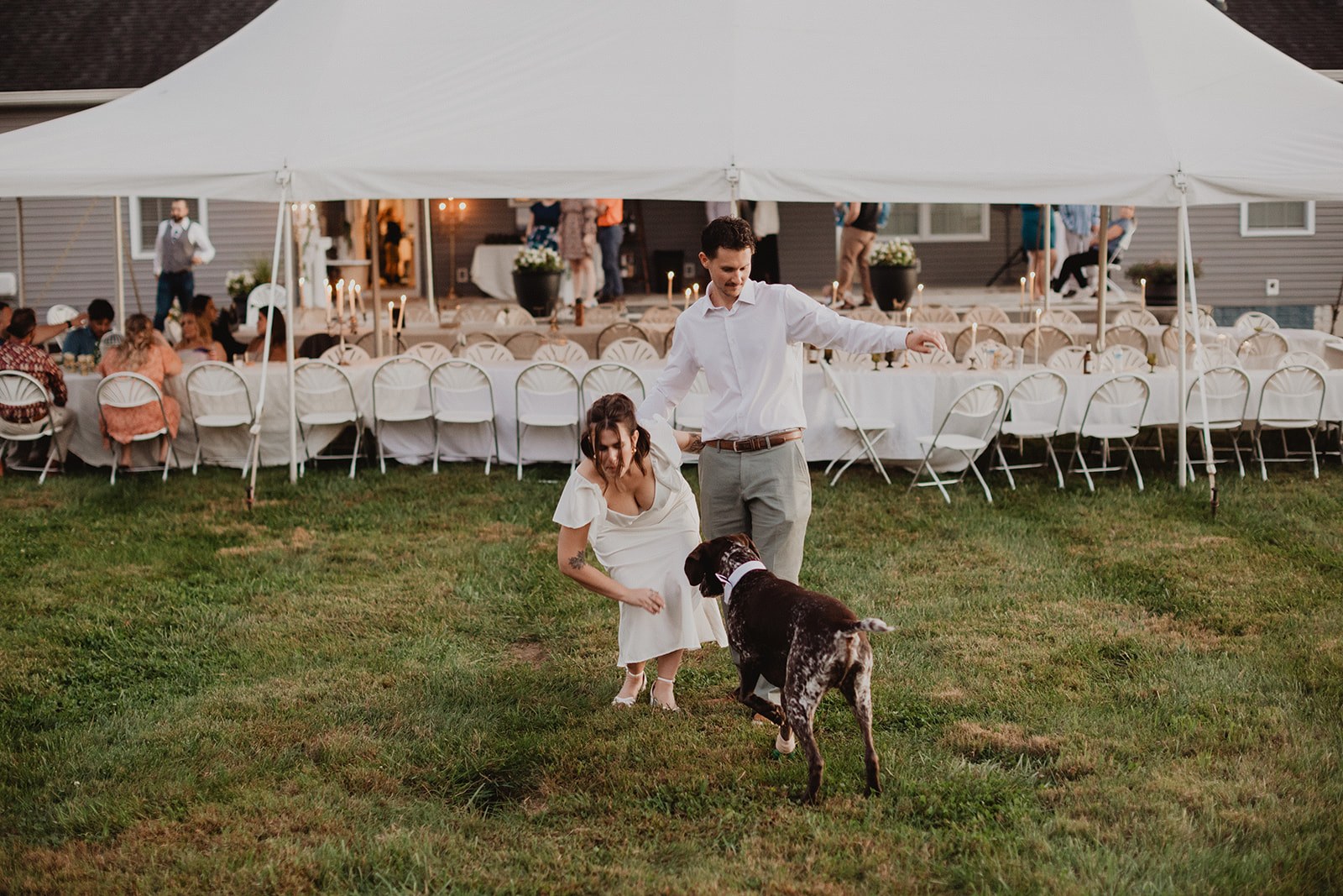 Michaela and AJ standing on the lawn in front of the full tent, the pointer trotting past behind them