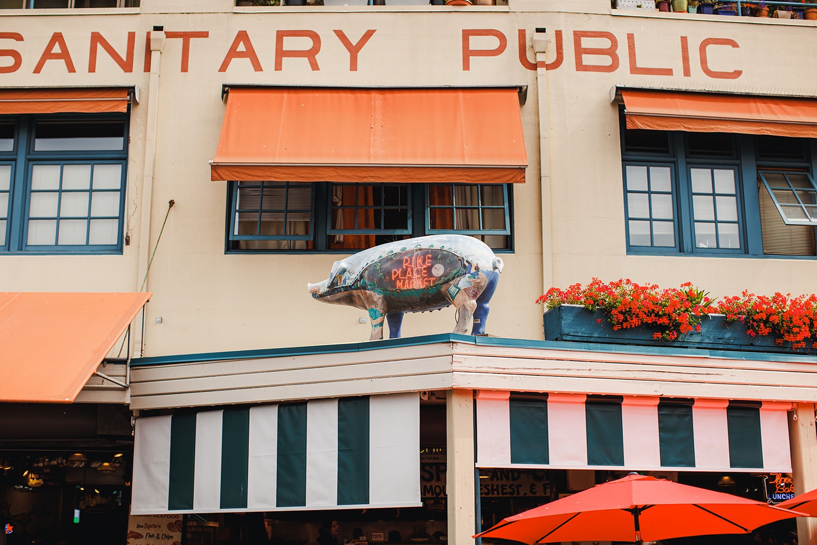 The painted Sanitary Public Market facade at Pike Place with a decorated pig on the roofline, geraniums in the window boxes and red umbrellas below
