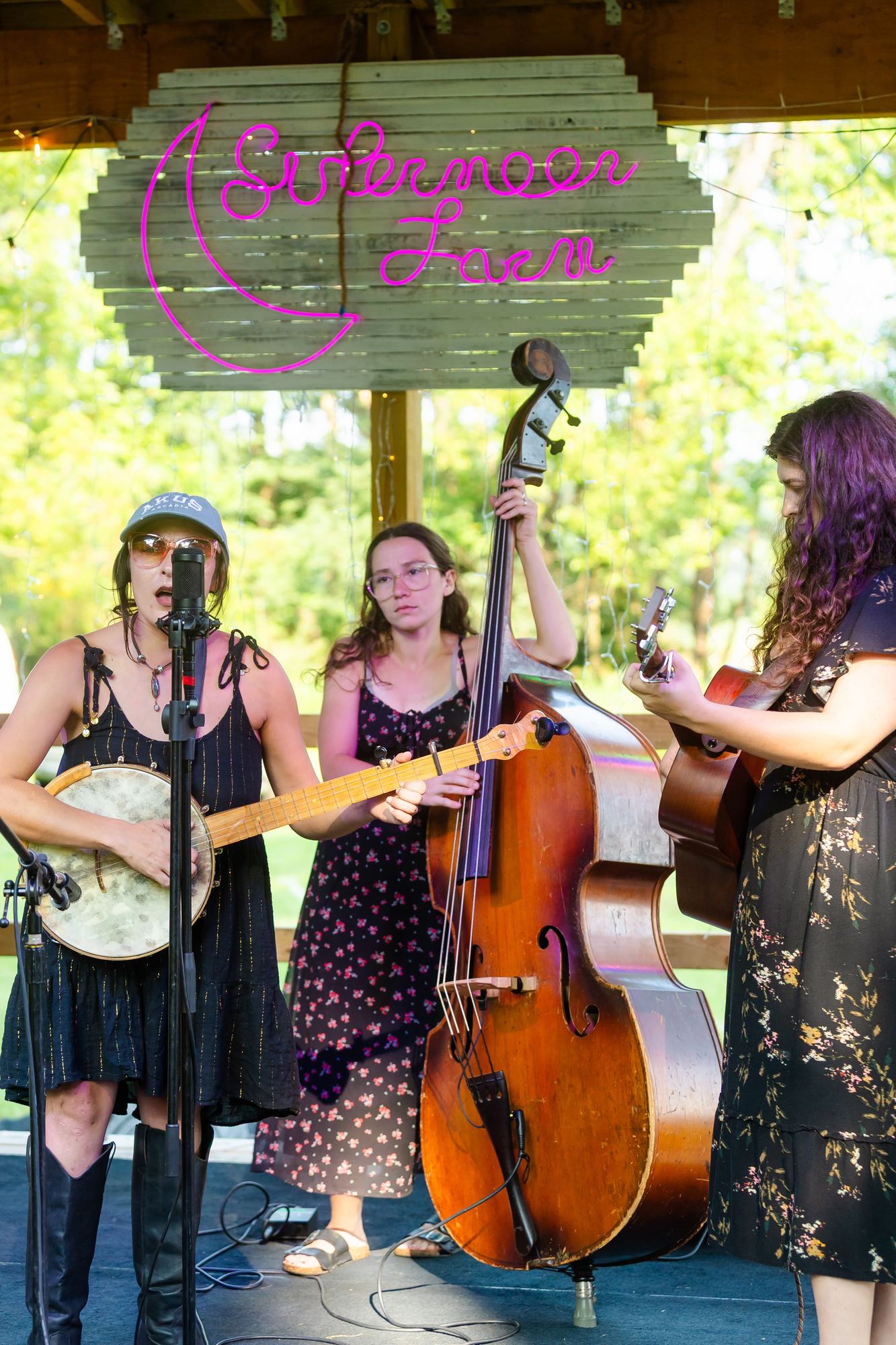Three musicians with banjo, upright bass, and guitar gathered around one microphone on the Tomato Jam stage