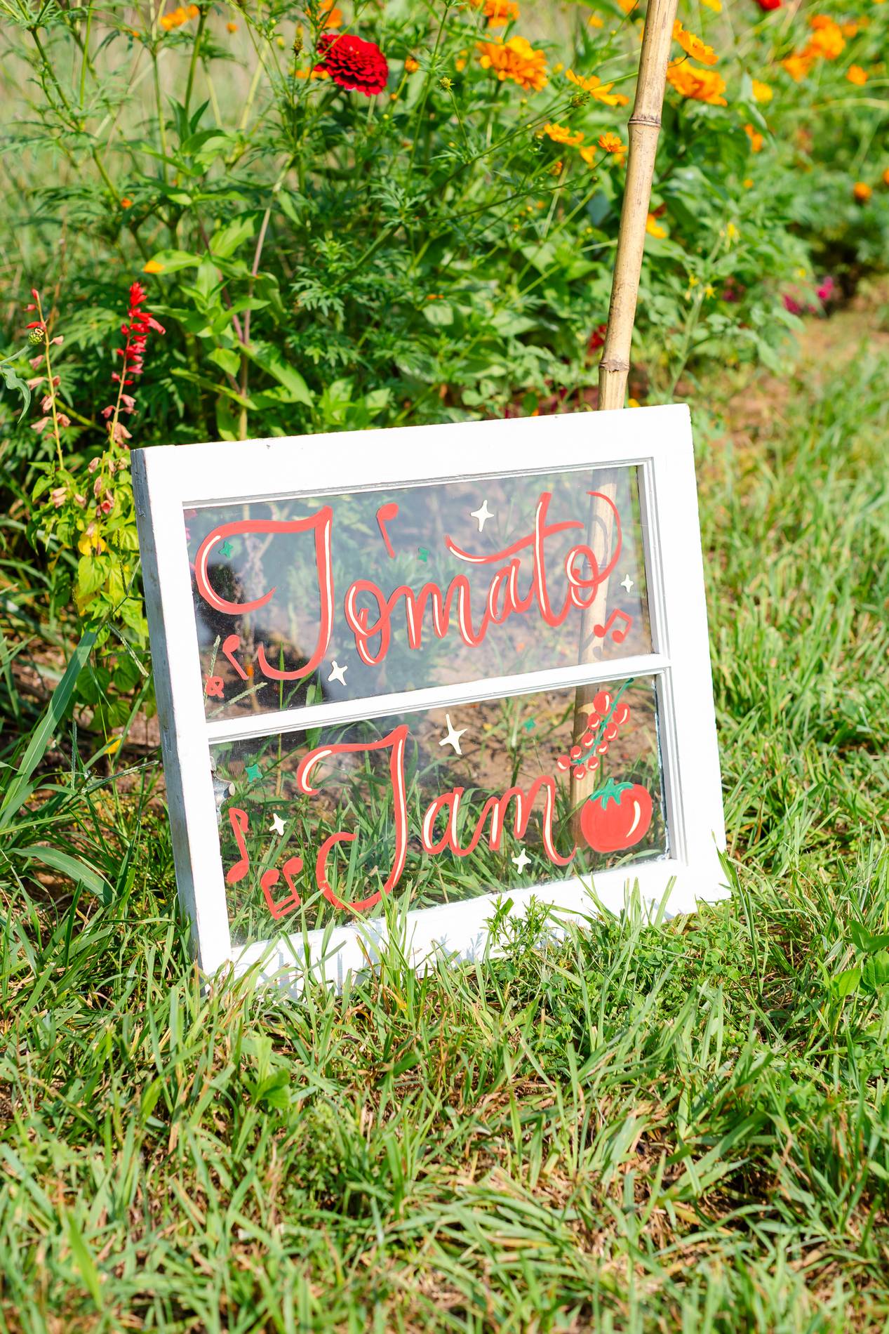 A hand-lettered Tomato Jam sign painted on an old window pane, set in the grass among zinnias and marigolds