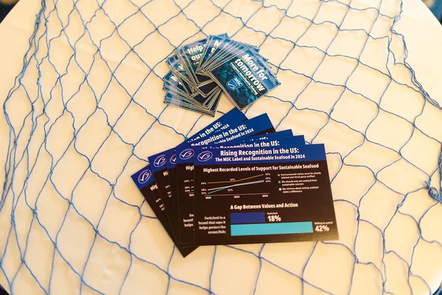 Info cards on fishing net tablecloth.